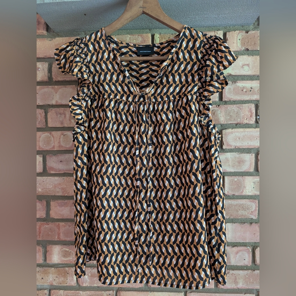 Who What Wear Ruffle Sleeve Patterned Top, Size M